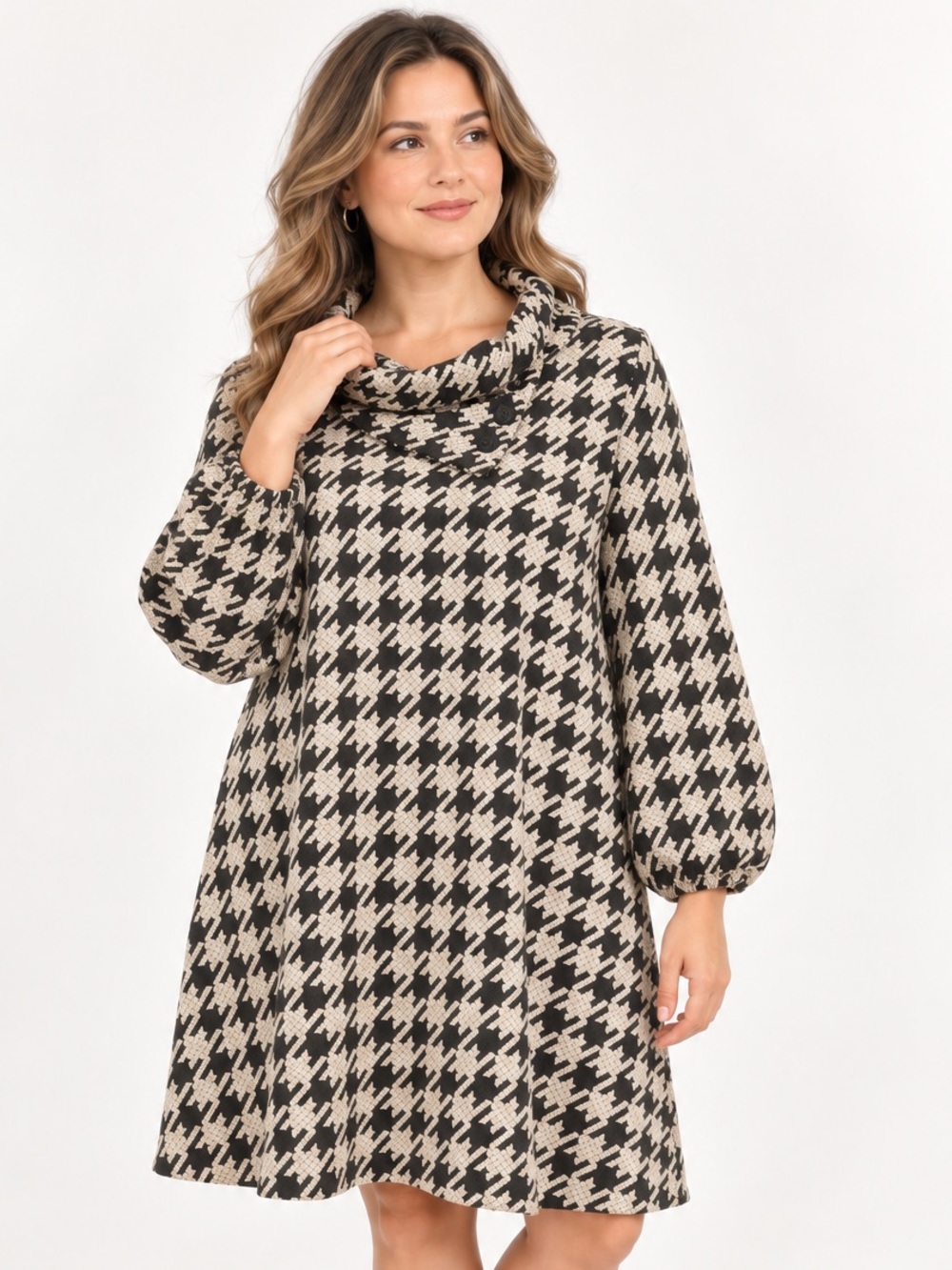 Robbie Bee Women’s Houndstooth Swing Dress Size M Black Beige Mod Retro Office